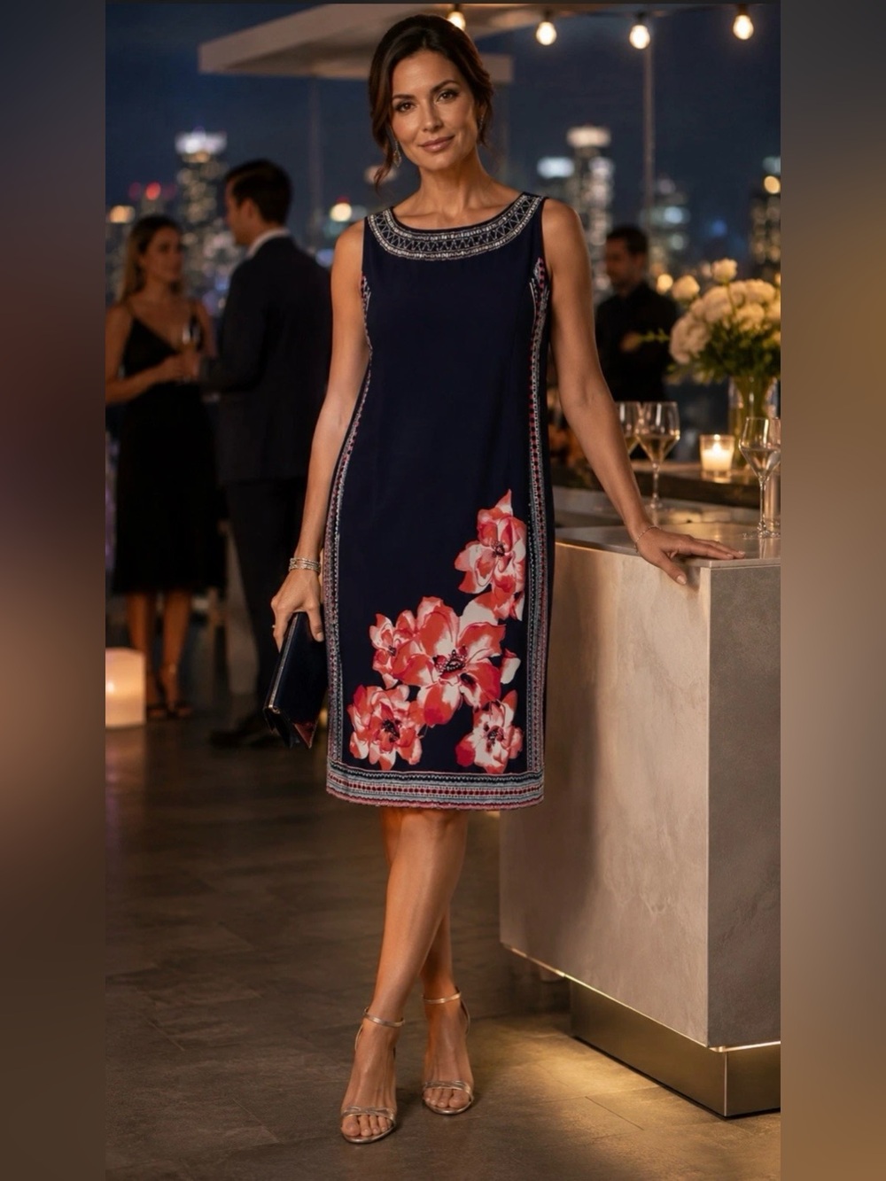 Sleeveless Navy Midi Dress with Pink Floral Accent
